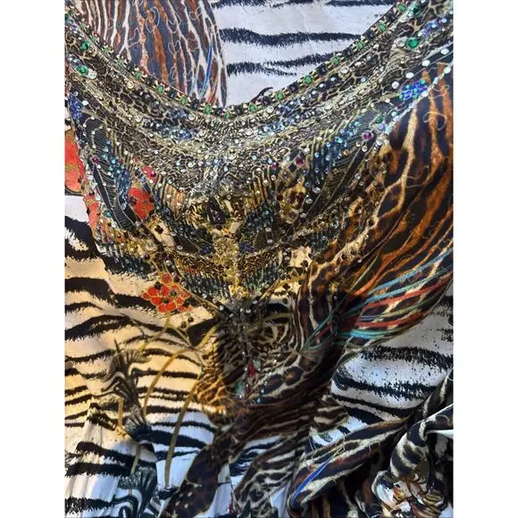 Camilla Womens BLACK WHITE Tiger Silk Romper Multi color sz Med pockets crystals - Picture 13 of 15